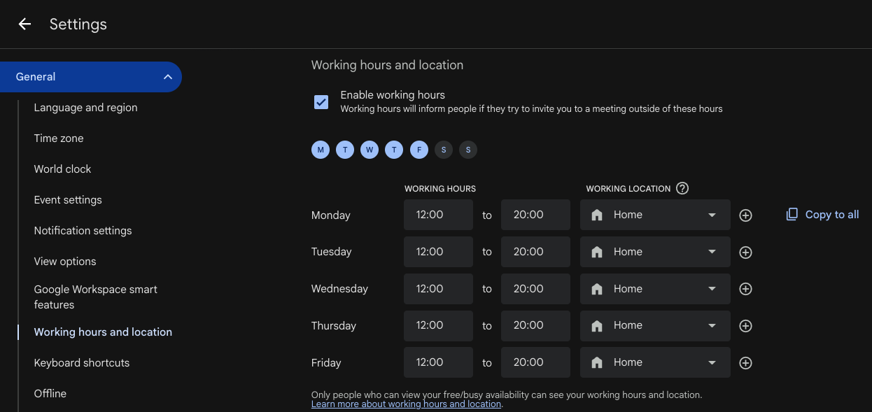 Google Calendar working hours settings showing 12:00-20:00 schedule