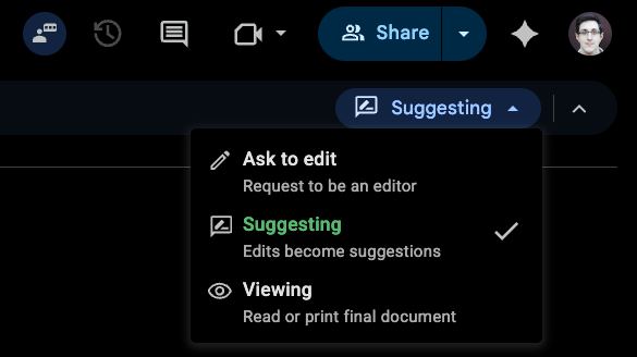 Google Docs toolbar with Commenter access showing comments panel, Suggesting mode, and notification bell