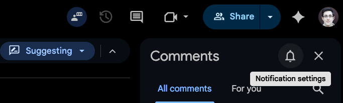 Google Docs toolbar showing the comments panel open with the notification bell icon