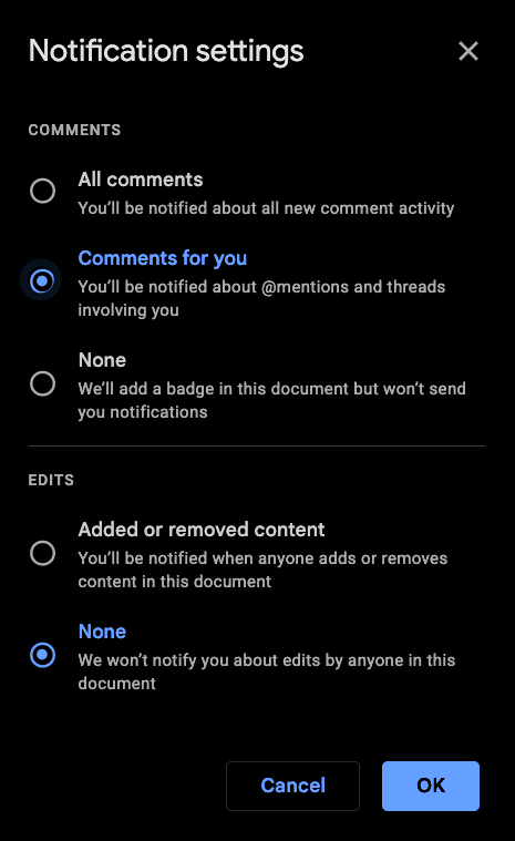 Google Drive notification settings dialog showing defaults: Comments for you selected, Edits set to None