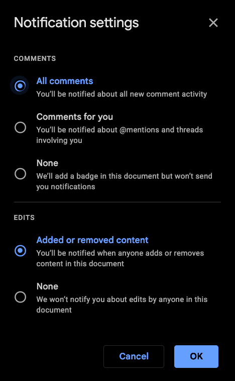 Google Drive notification settings dialog with All comments and Added or removed content selected