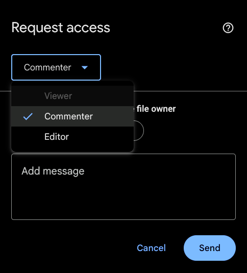 Request access dialog showing dropdown with Viewer, Commenter, and Editor options