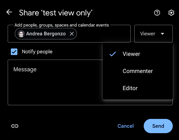 Google Drive share dialog showing Viewer selected with dropdown showing Viewer, Commenter, and Editor options