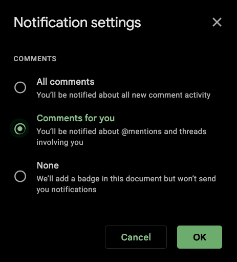 Google Sheets notification settings dialog showing only Comments section, no Edits