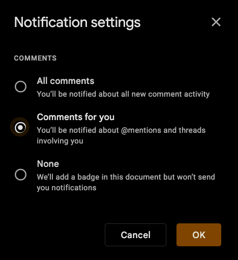Google Slides notification settings dialog showing only Comments section, no Edits